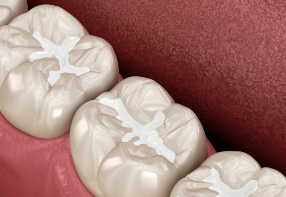 Three white dental crowns displayed against a burgundy background, showcasing restorative dental work.