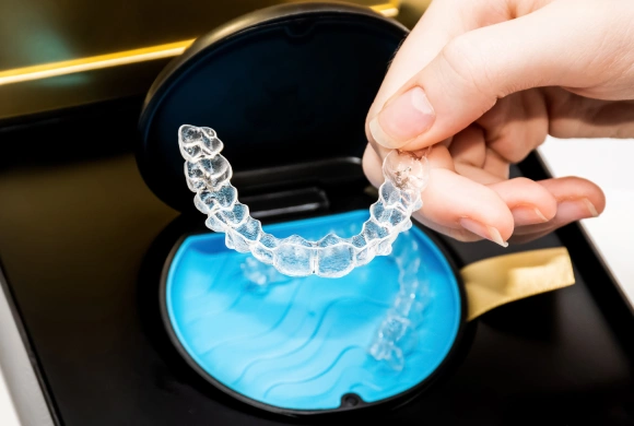 Person holding clear plastic orthodontic aligner over blue storage case near dental chair.