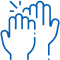 Blue line drawing of hands gesturing upward with sparkles, symbolizing dental care and wellness